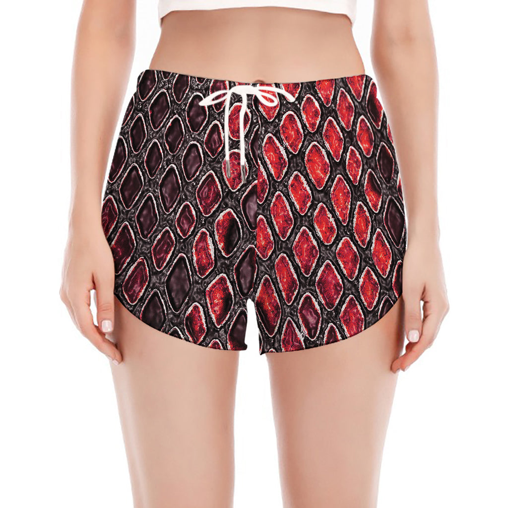 Red And Black Snakeskin Print Women's Split Running Shorts