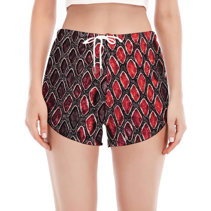 Red And Black Snakeskin Print Women's Split Running Shorts