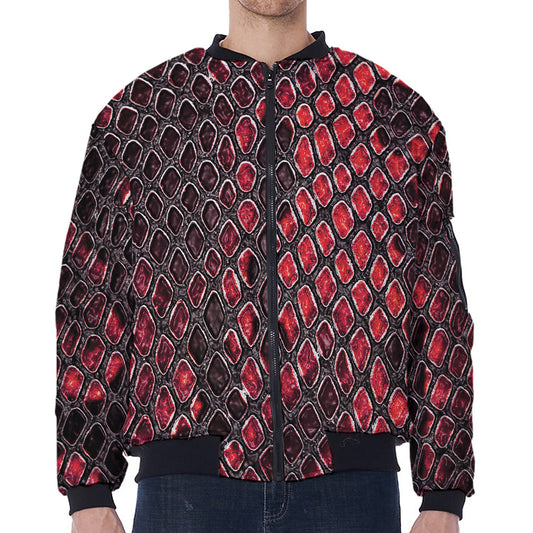Red And Black Snakeskin Print Zip Sleeve Bomber Jacket