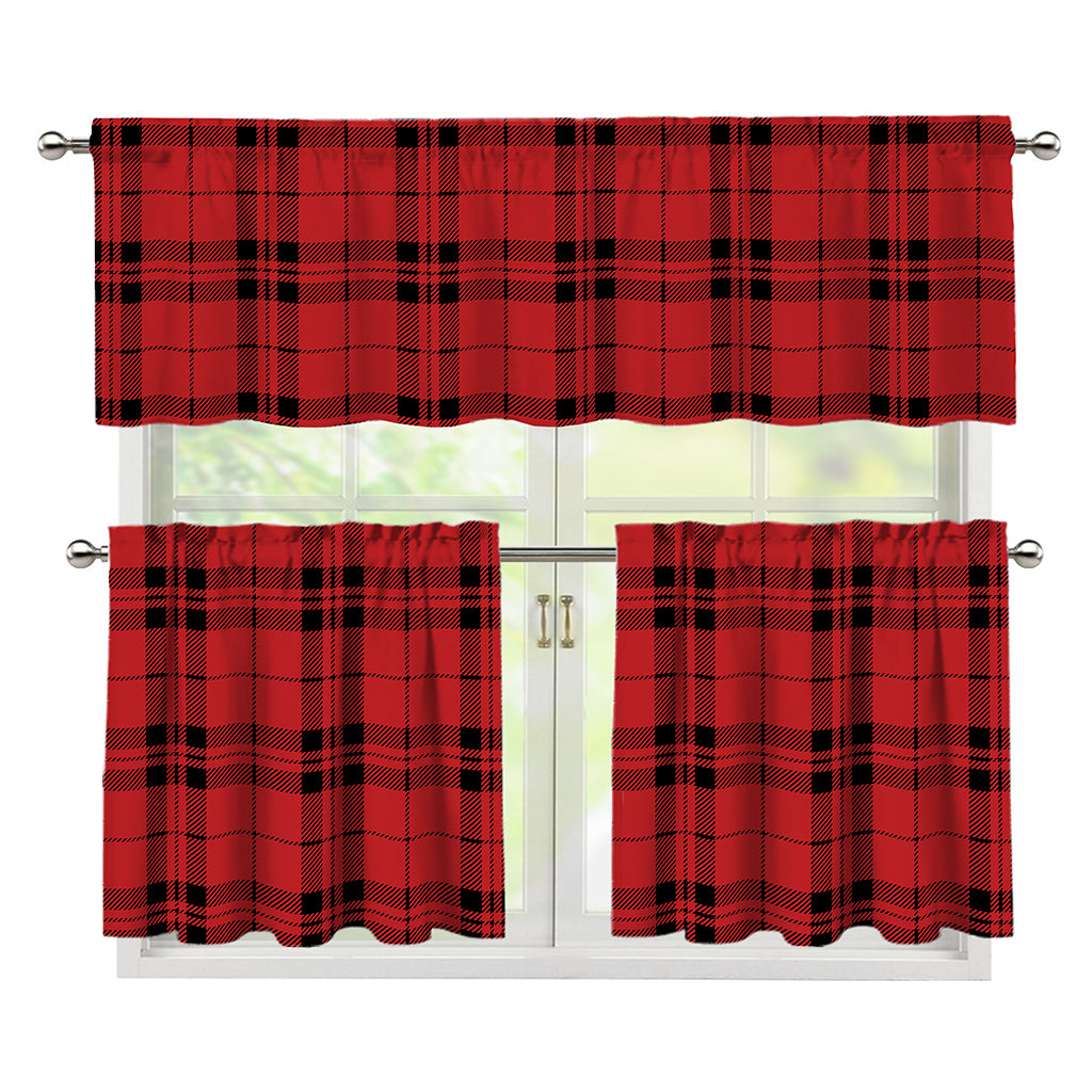 Red And Black Tartan Pattern Print 3 Piece Kitchen Curtains