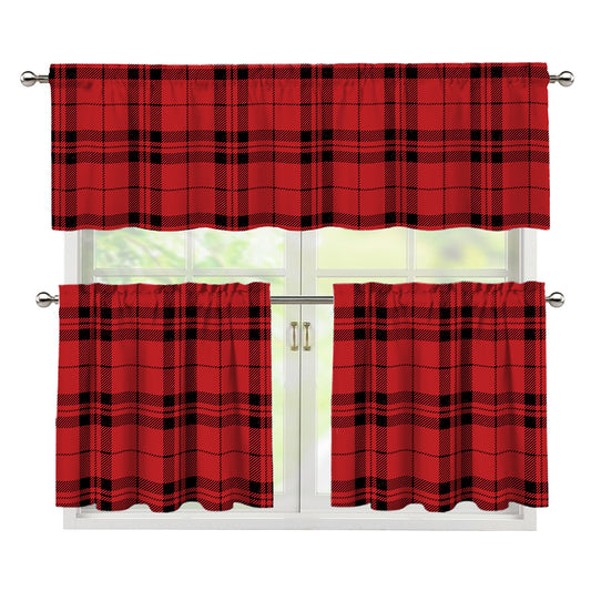 Red And Black Tartan Pattern Print 3 Piece Kitchen Curtains