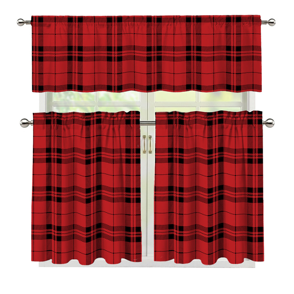 Red And Black Tartan Pattern Print 3 Piece Kitchen Curtains