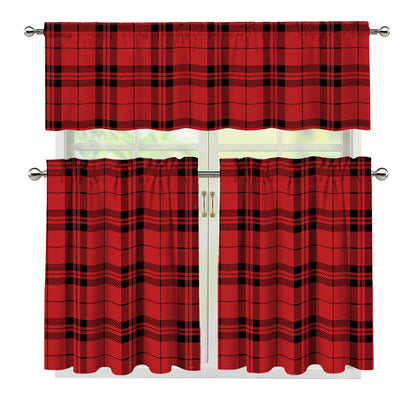 Red And Black Tartan Pattern Print 3 Piece Kitchen Curtains