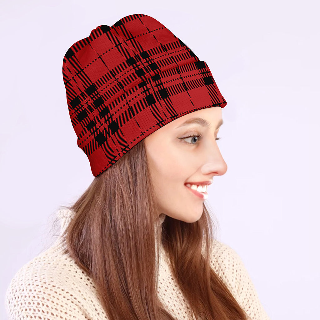 Red And Black Tartan Pattern Print Beanie