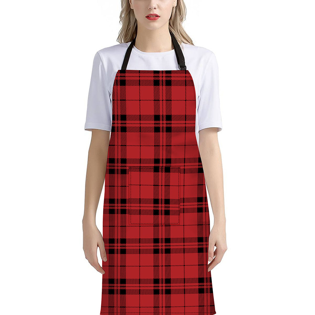 Red And Black Tartan Pattern Print Bib Apron With Pocket