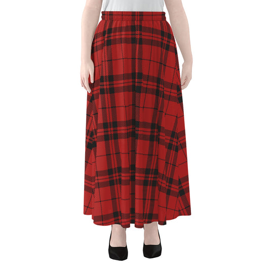 Red And Black Tartan Pattern Print Chiffon Maxi Skirt