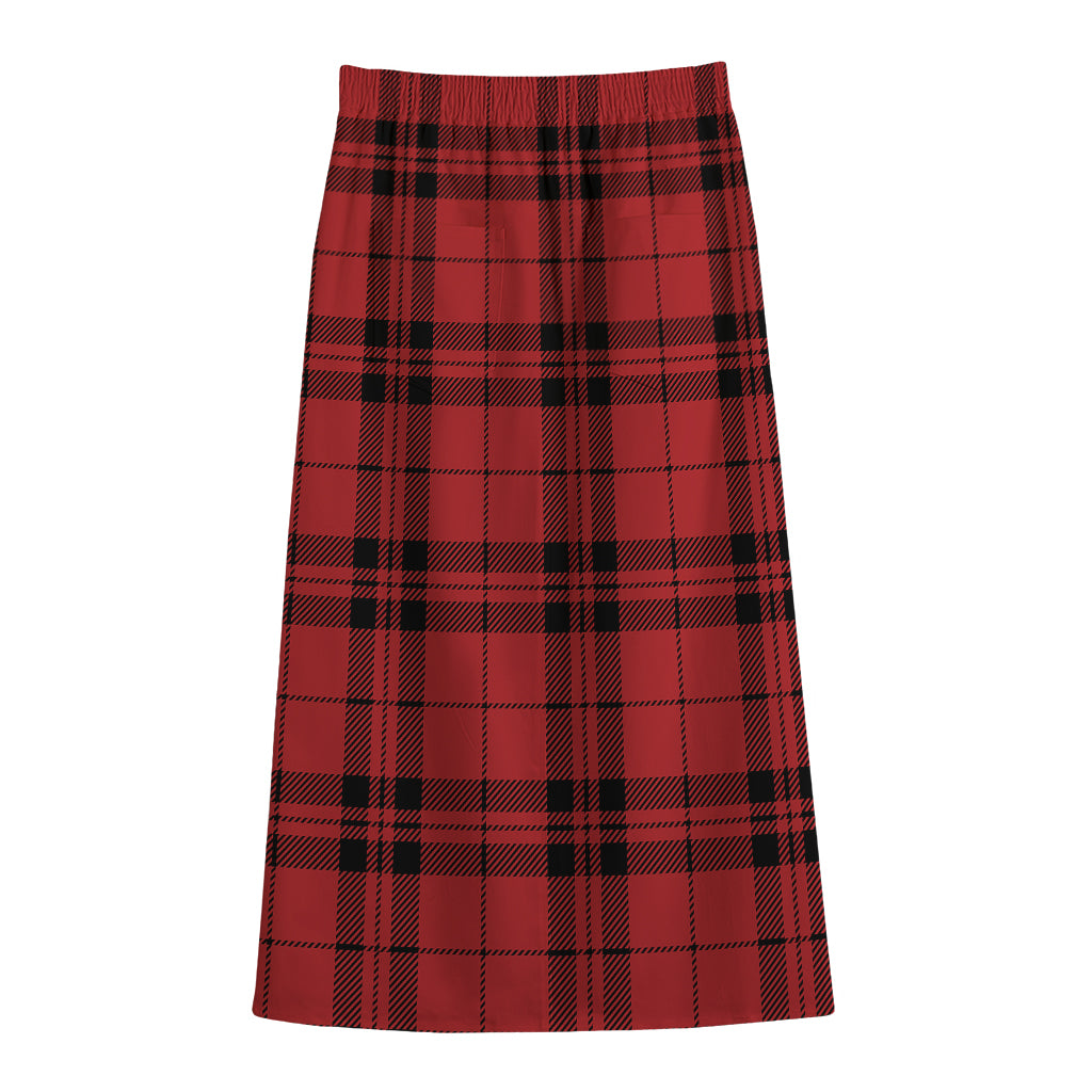 Red And Black Tartan Pattern Print Cotton Front Slit Maxi Skirt