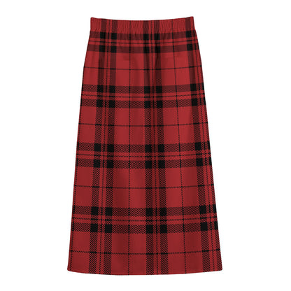 Red And Black Tartan Pattern Print Cotton Front Slit Maxi Skirt
