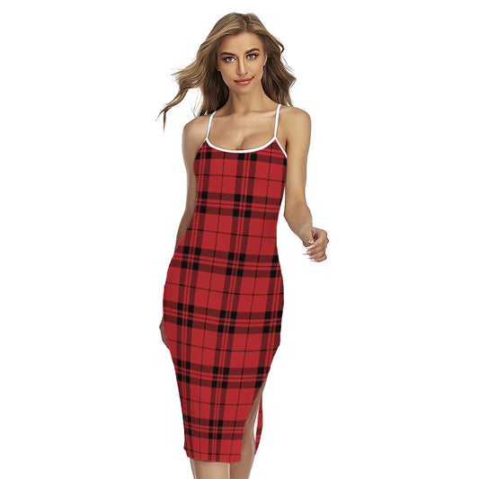 Red And Black Tartan Pattern Print Cross Back Cami Dress
