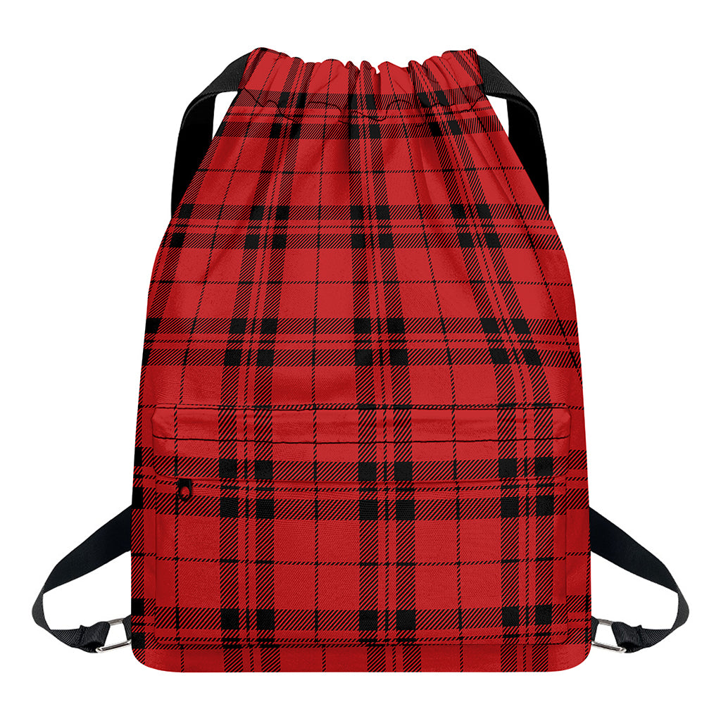 Red And Black Tartan Pattern Print Drawstring Backpack