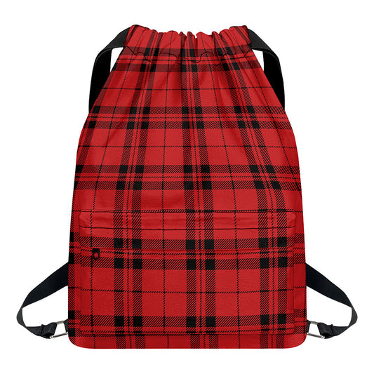Red And Black Tartan Pattern Print Drawstring Backpack