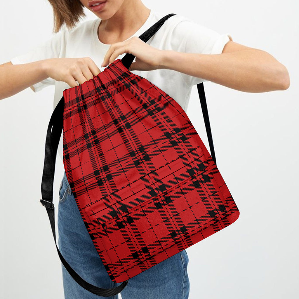 Red And Black Tartan Pattern Print Drawstring Backpack