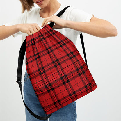 Red And Black Tartan Pattern Print Drawstring Backpack