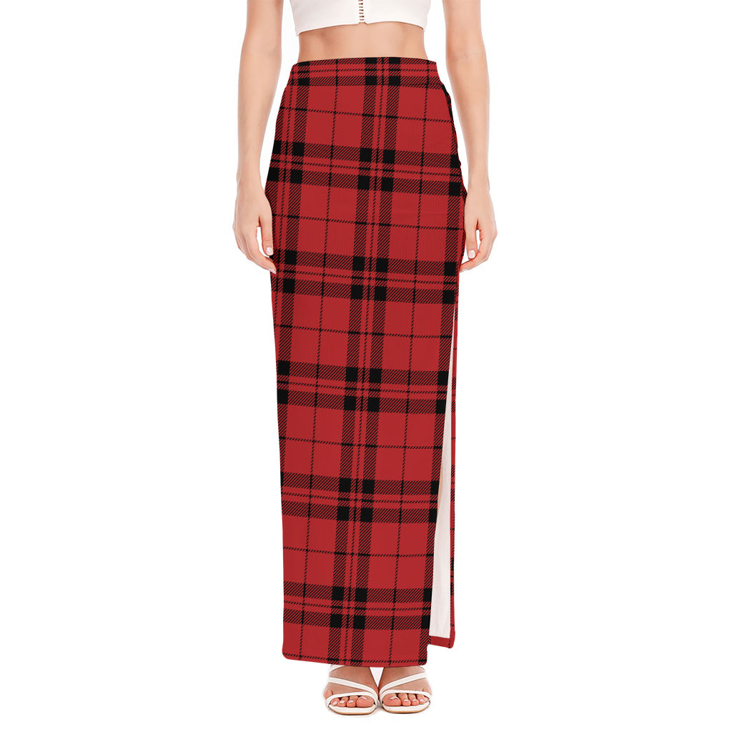 Red And Black Tartan Pattern Print High Slit Maxi Skirt