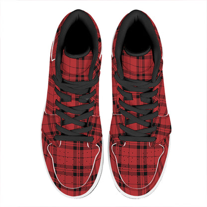 Red And Black Tartan Pattern Print High Top Leather Sneakers