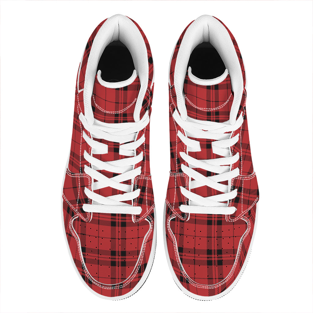 Red And Black Tartan Pattern Print High Top Leather Sneakers
