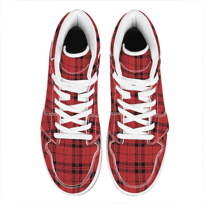 Red And Black Tartan Pattern Print High Top Leather Sneakers