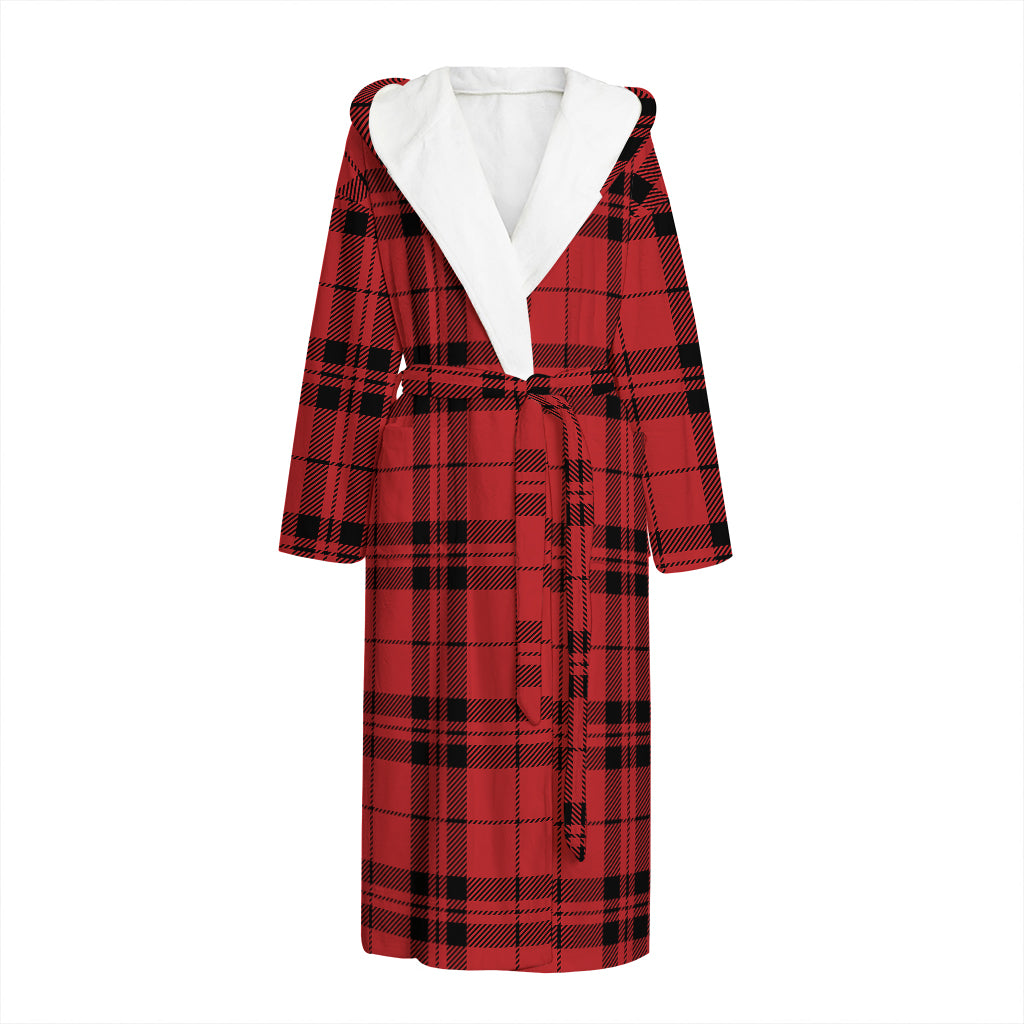 Red And Black Tartan Pattern Print Hooded Bathrobe