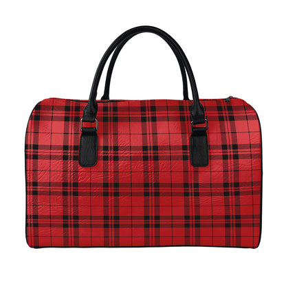 Red And Black Tartan Pattern Print Leather Duffle Bag