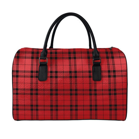 Red And Black Tartan Pattern Print Leather Duffle Bag