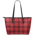 Red And Black Tartan Pattern Print Leather Tote Bag With Zipper