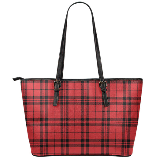Red And Black Tartan Pattern Print Leather Tote Bag