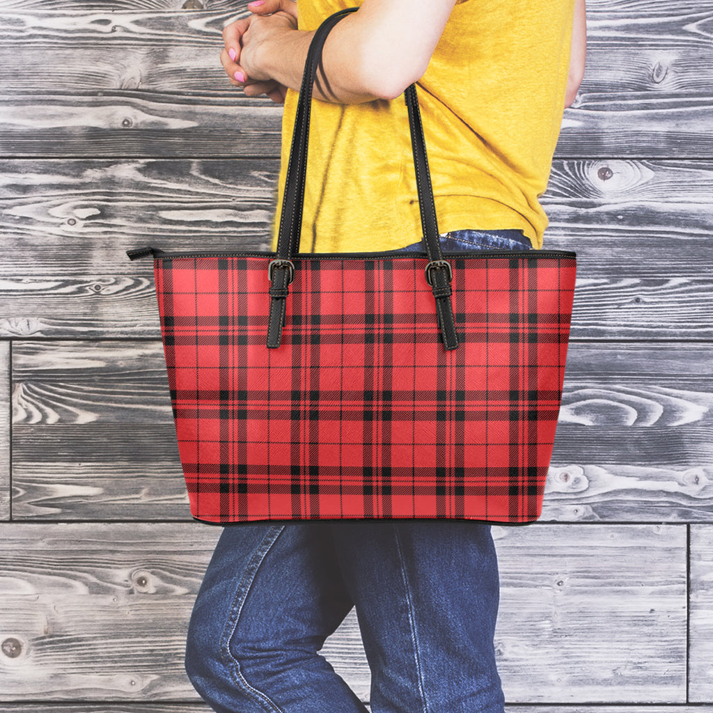 Red And Black Tartan Pattern Print Leather Tote Bag