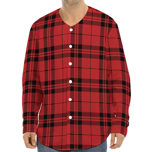 Red And Black Tartan Pattern Print Long Sleeve Baseball Jersey