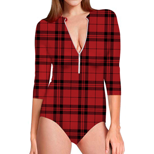 Red And Black Tartan Pattern Print Long Sleeve Swimsuit