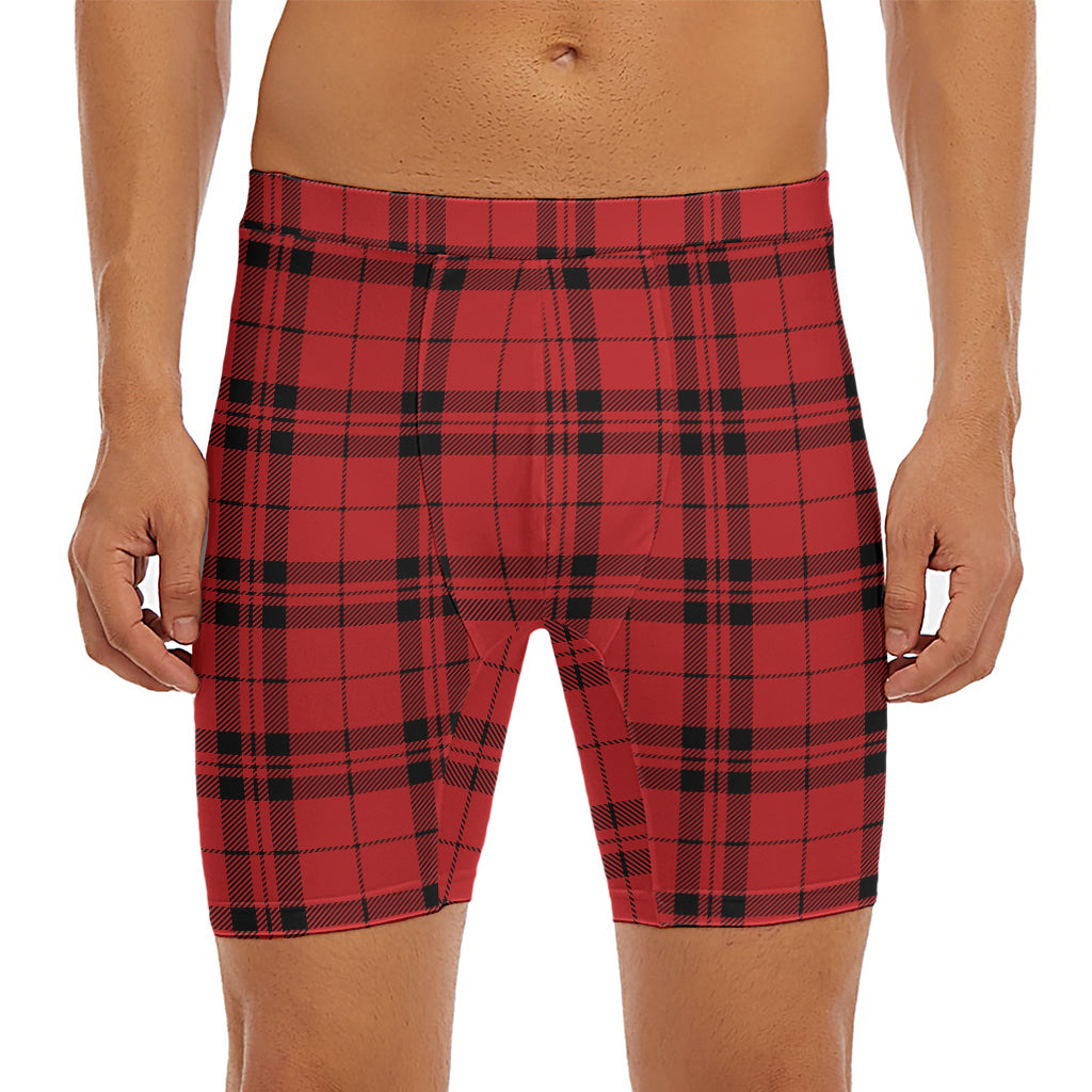 Red And Black Tartan Pattern Print Men's Long Boxer Briefs