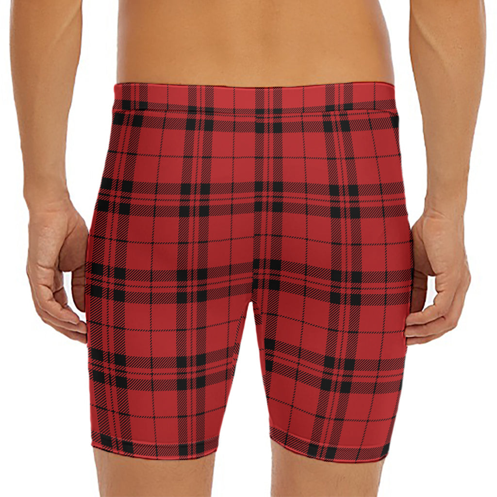 Red And Black Tartan Pattern Print Men's Long Boxer Briefs