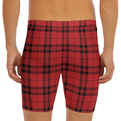 Red And Black Tartan Pattern Print Men's Long Boxer Briefs