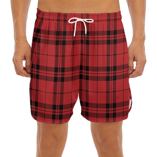 Red And Black Tartan Pattern Print Men's Split Running Shorts