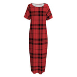 Red And Black Tartan Pattern Print Short Sleeve Long Nightdress