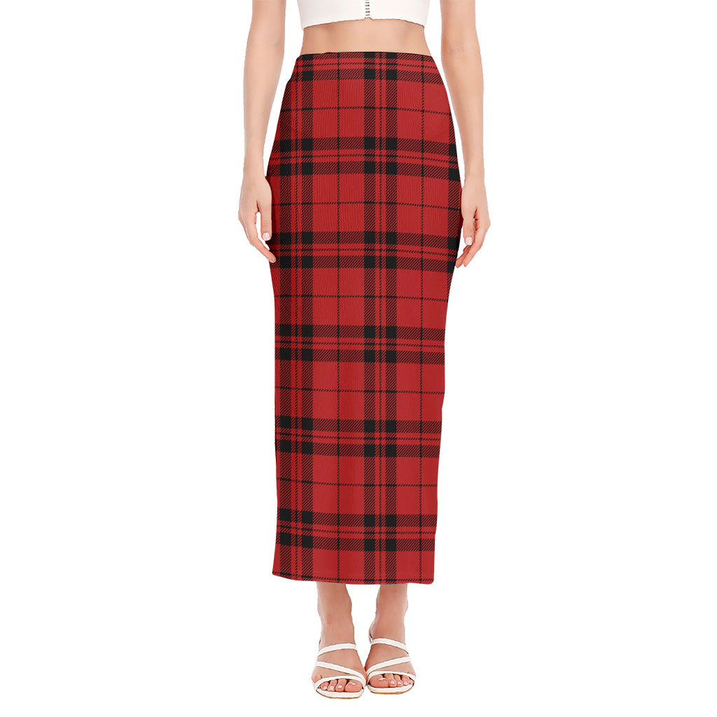 Red And Black Tartan Pattern Print Side Slit Maxi Skirt