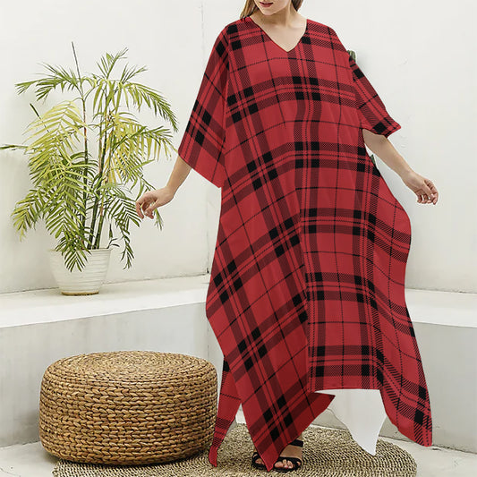 Red And Black Tartan Pattern Print Silk V-Neck Kaftan Dress