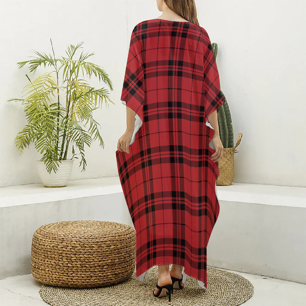 Red And Black Tartan Pattern Print Silk V-Neck Kaftan Dress