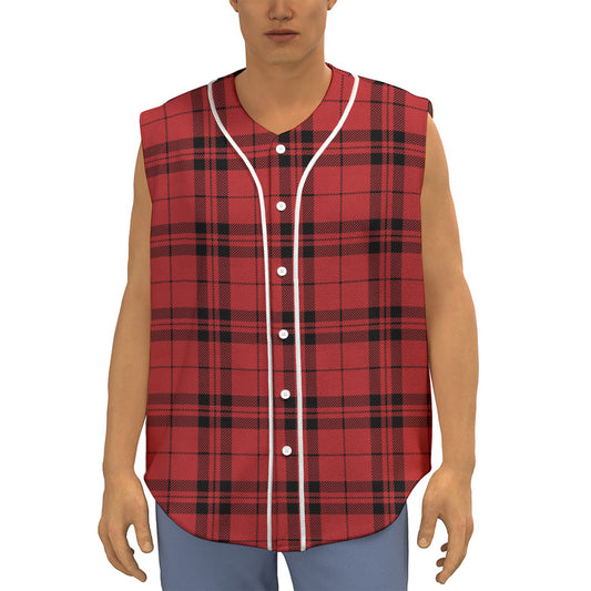 Red And Black Tartan Pattern Print Sleeveless Baseball Jersey