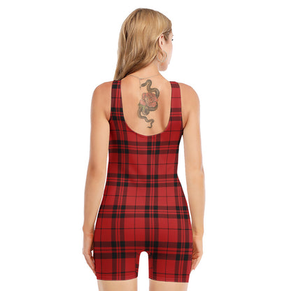 Red And Black Tartan Pattern Print Sleeveless One Piece Swimsuit