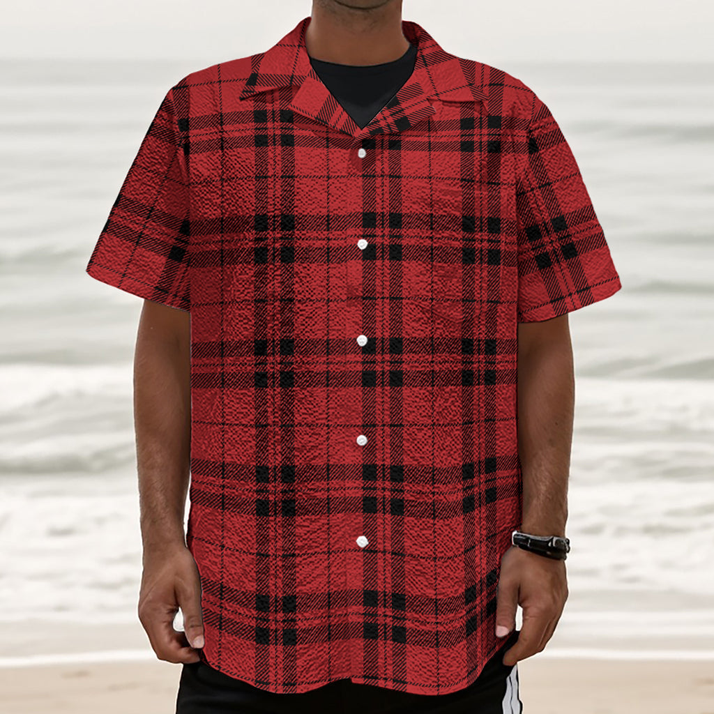 Red And Black Tartan Pattern Print Textured Short Sleeve Shirt