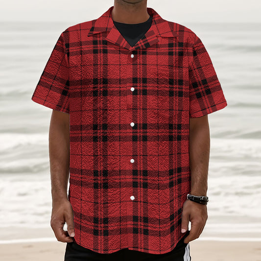 Red And Black Tartan Pattern Print Textured Short Sleeve Shirt
