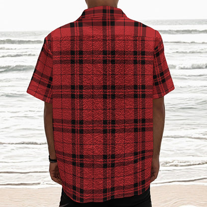 Red And Black Tartan Pattern Print Textured Short Sleeve Shirt