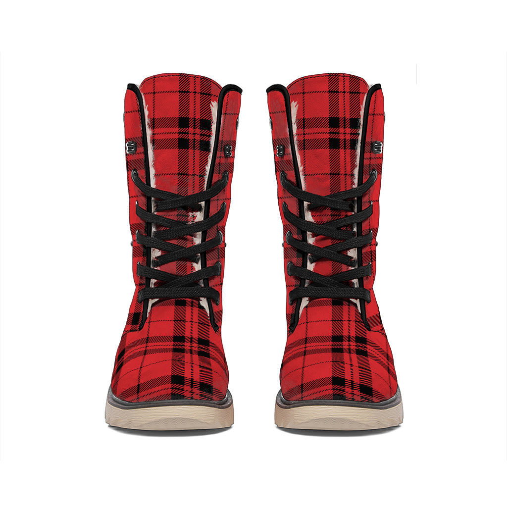 Red And Black Tartan Pattern Print Winter Boots