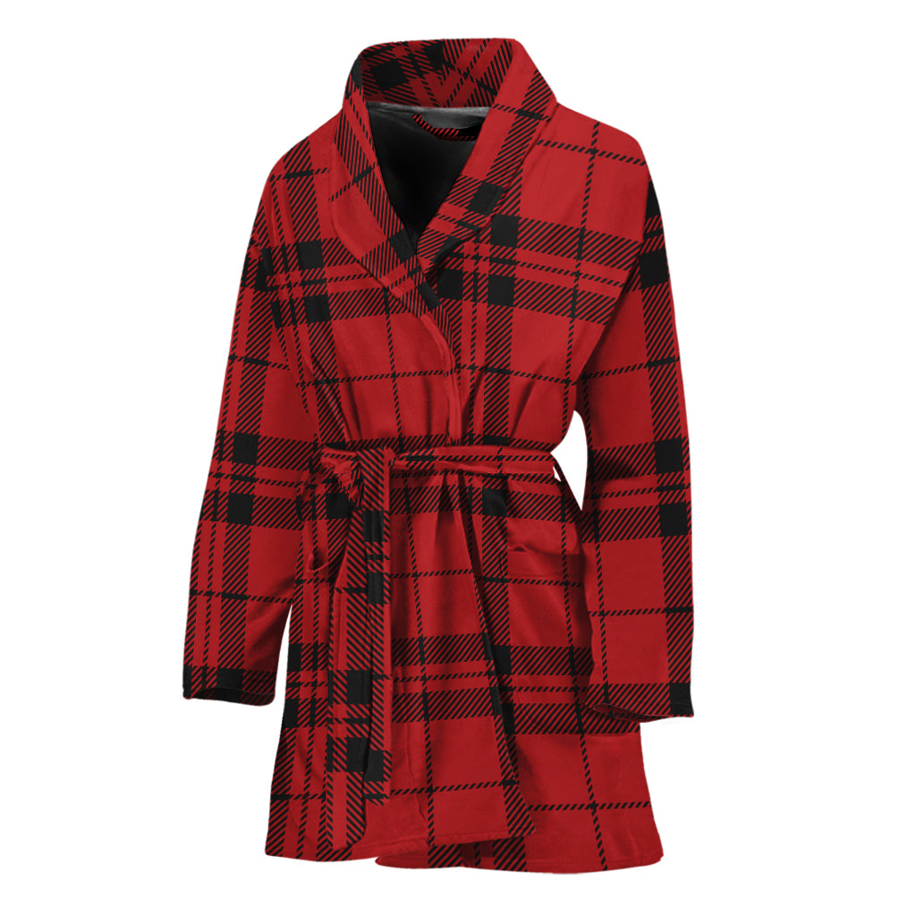 Red And Black Tartan Pattern Print Women's Bathrobe