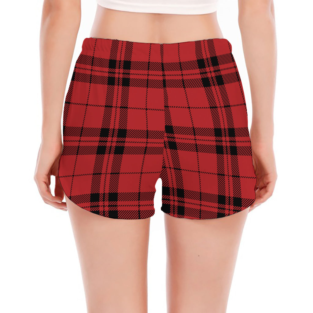 Red And Black Tartan Pattern Print Women's Split Running Shorts