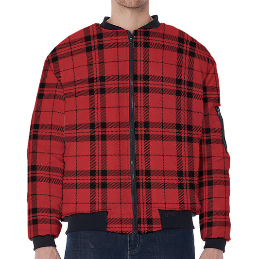 Red And Black Tartan Pattern Print Zip Sleeve Bomber Jacket