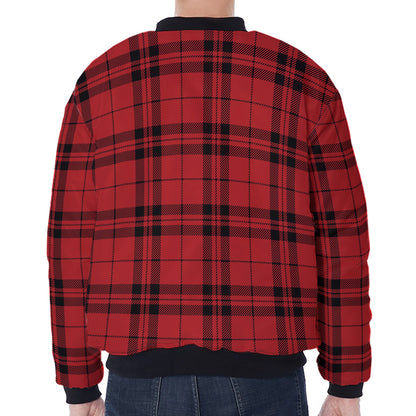 Red And Black Tartan Pattern Print Zip Sleeve Bomber Jacket