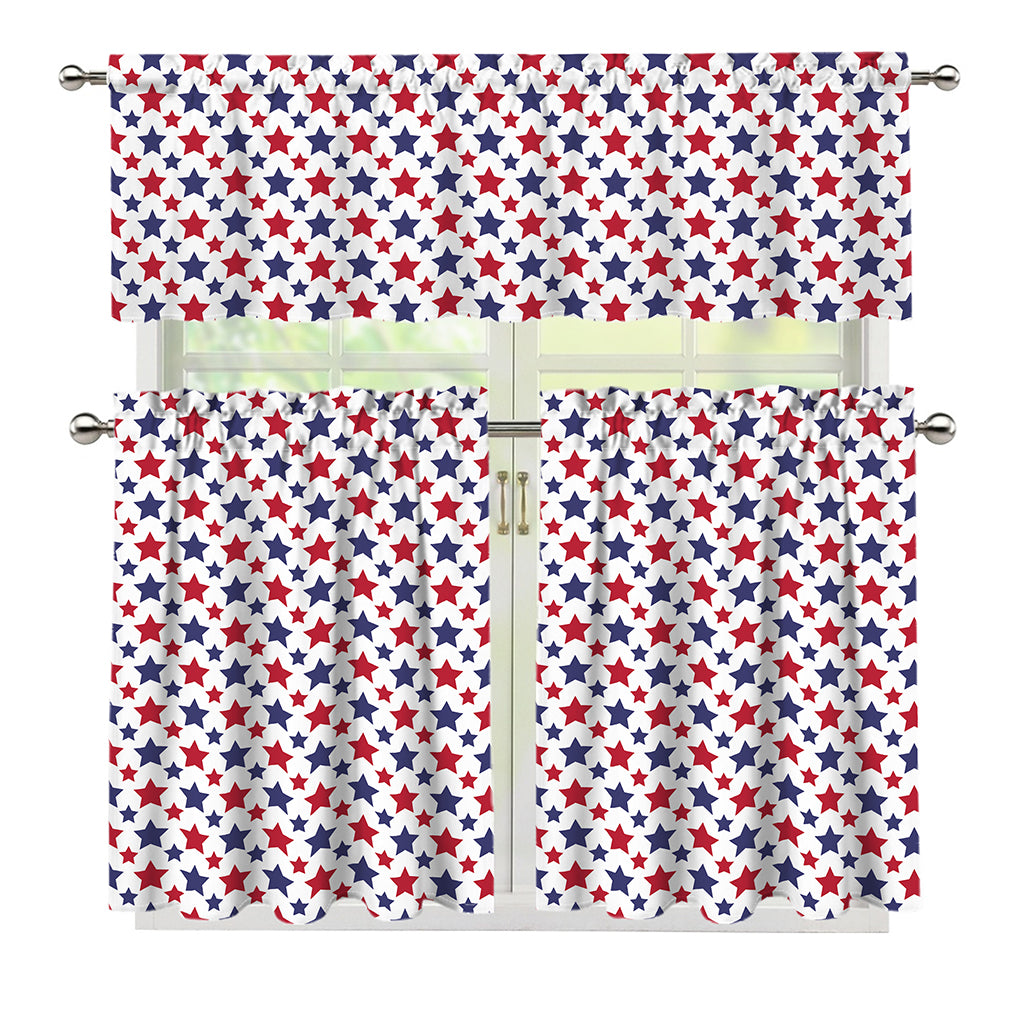 Red And Blue American Star Pattern Print 3 Piece Kitchen Curtains