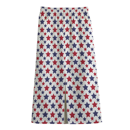 Red And Blue American Star Pattern Print Cotton Front Slit Maxi Skirt