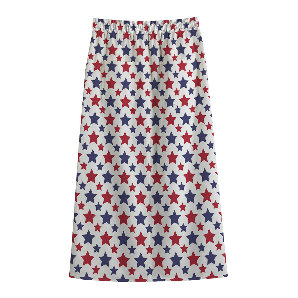 Red And Blue American Star Pattern Print Cotton Front Slit Maxi Skirt